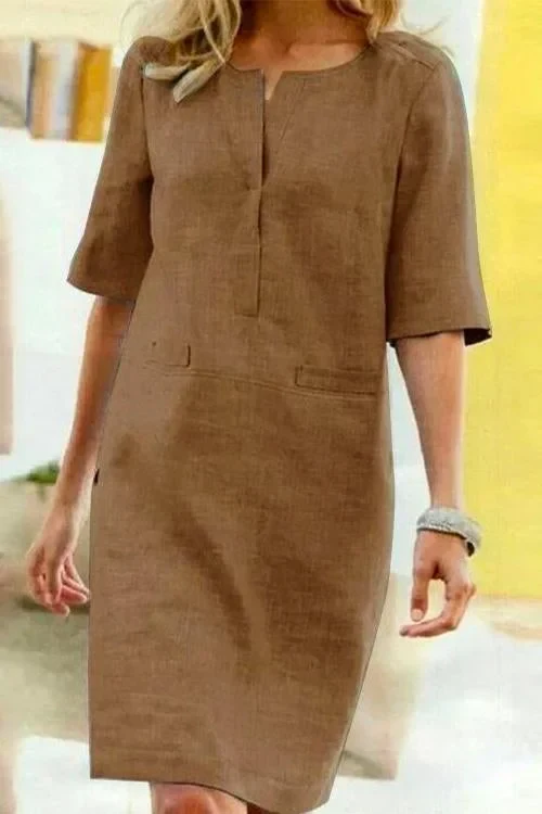 Heidi-Mode | Gerade Kleid mit Kurzen Ärmeln Aus Baumwolle und Leinen - Image 4
