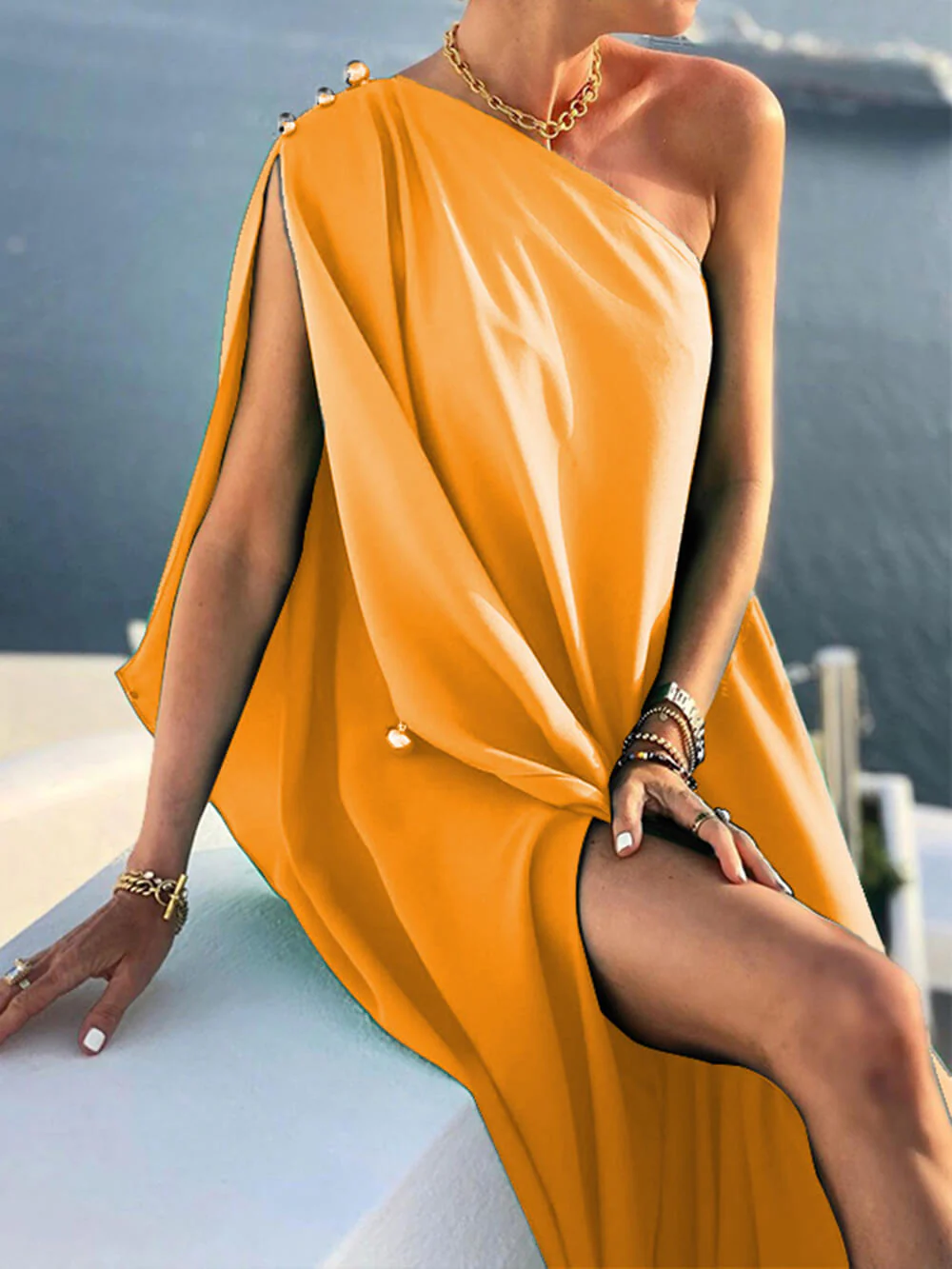 Heidi-Mode | Drapiertes Maxikleid mit Einem Schulter für Damen - Image 3
