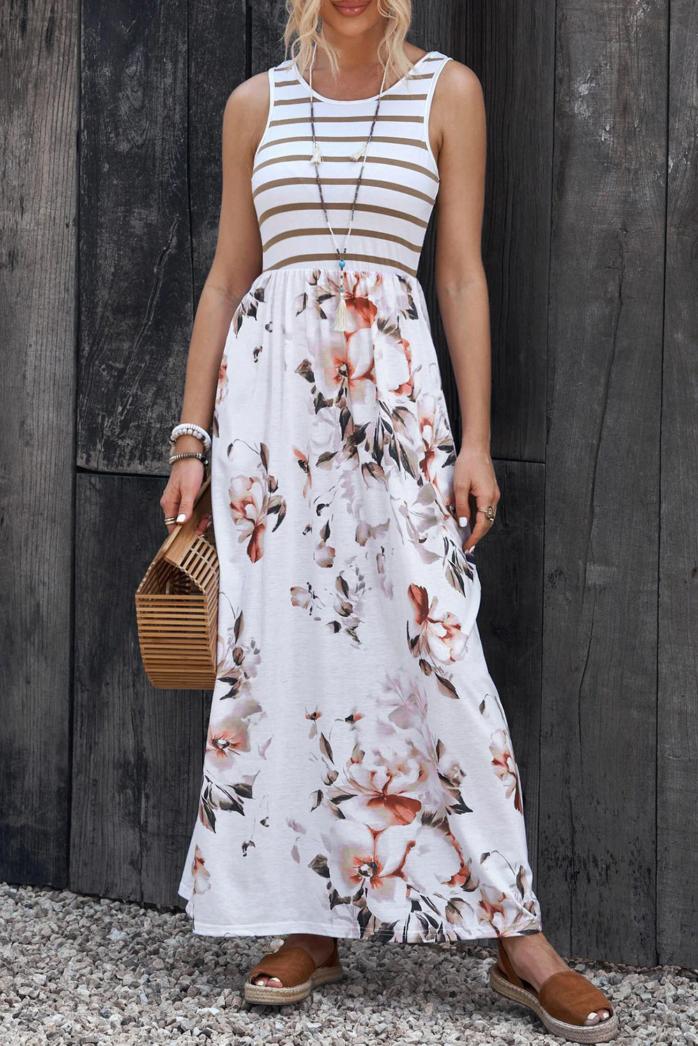 Heidi-Mode | Gestreiftes Floral Rundhals Ärmelloses Maxikleid - Image 5