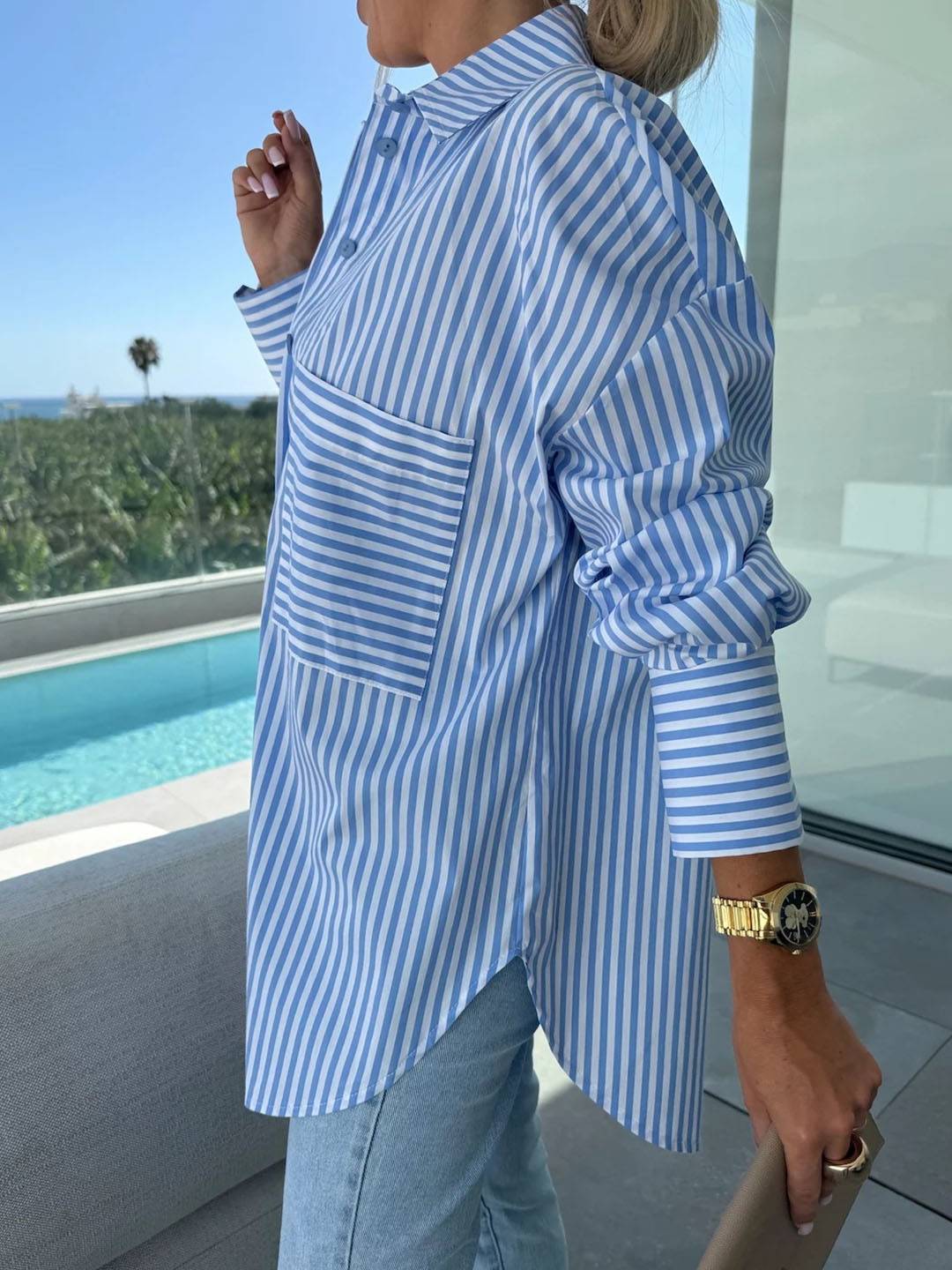 Heidi-Mode | Gestreifte Bluse Button-Up Shirt Kragen Lange Ärmel Frauen Elegant Maßgeschneidert Freizeit Übergrößen - Image 3