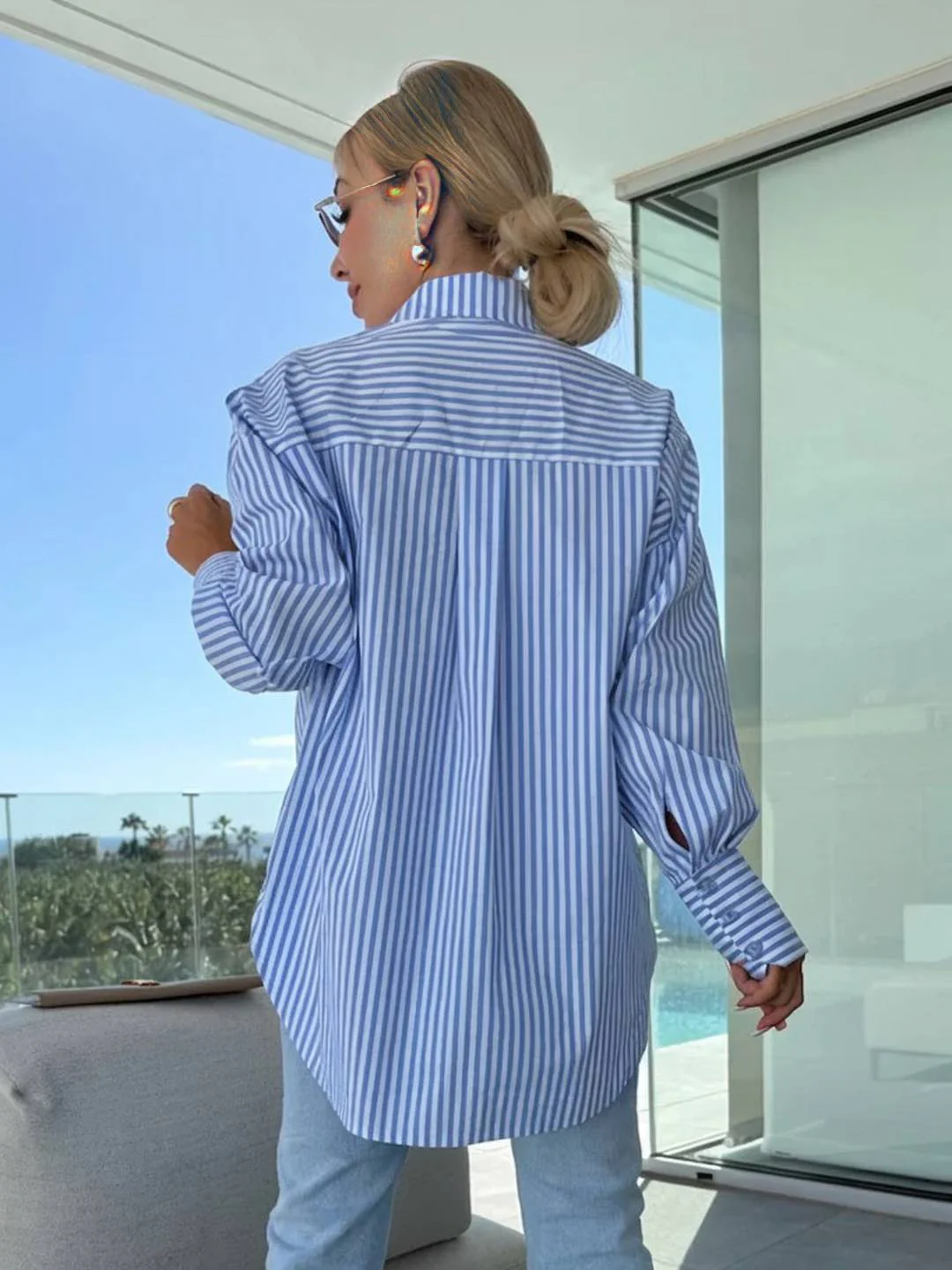 Heidi-Mode | Gestreifte Bluse Button-Up Shirt Kragen Lange Ärmel Frauen Elegant Maßgeschneidert Freizeit Übergrößen - Image 4