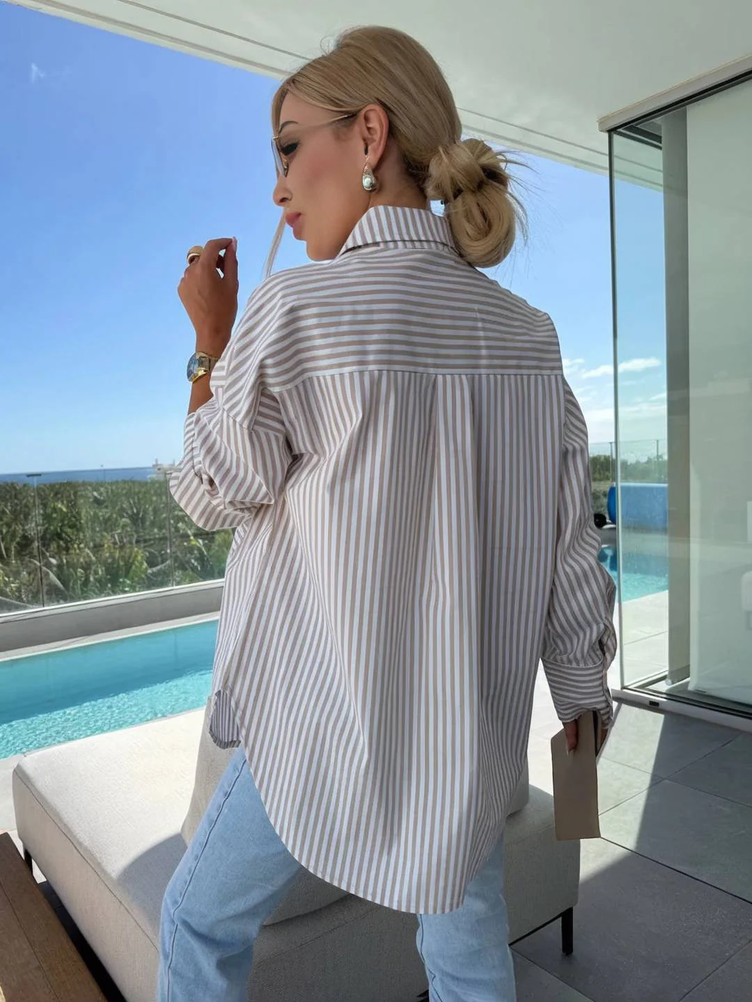 Heidi-Mode | Gestreifte Bluse Button-Up Shirt Kragen Lange Ärmel Frauen Elegant Maßgeschneidert Freizeit Übergrößen - Image 6