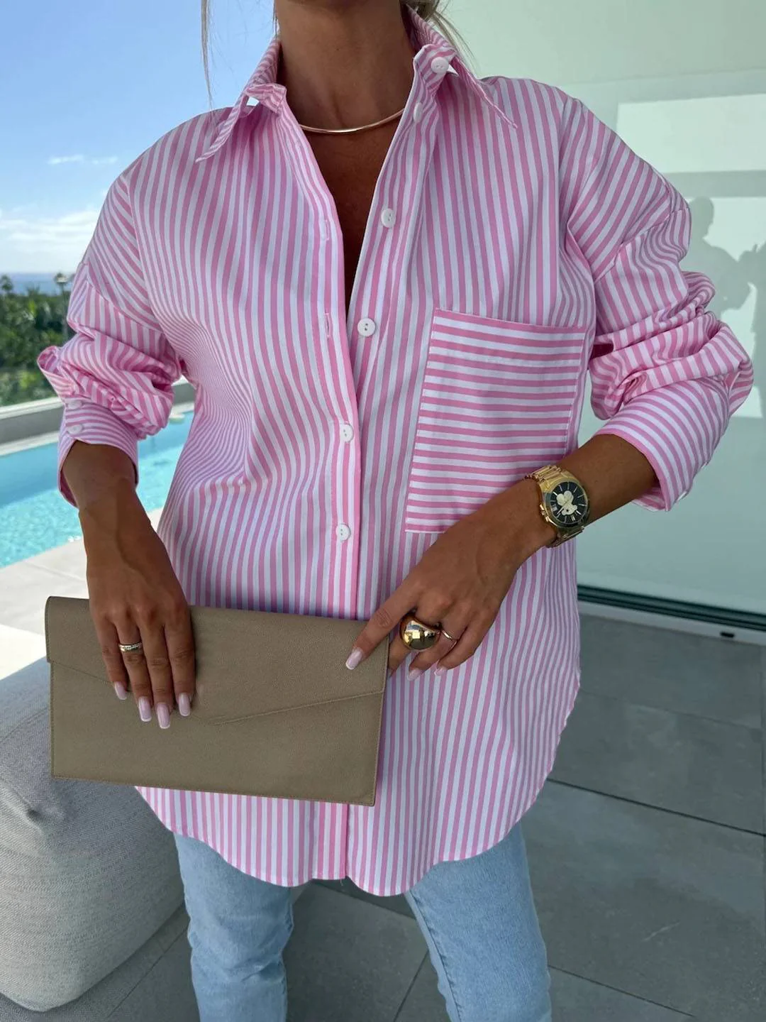 Heidi-Mode | Gestreifte Bluse Button-Up Shirt Kragen Lange Ärmel Frauen Elegant Maßgeschneidert Freizeit Übergrößen - Image 7