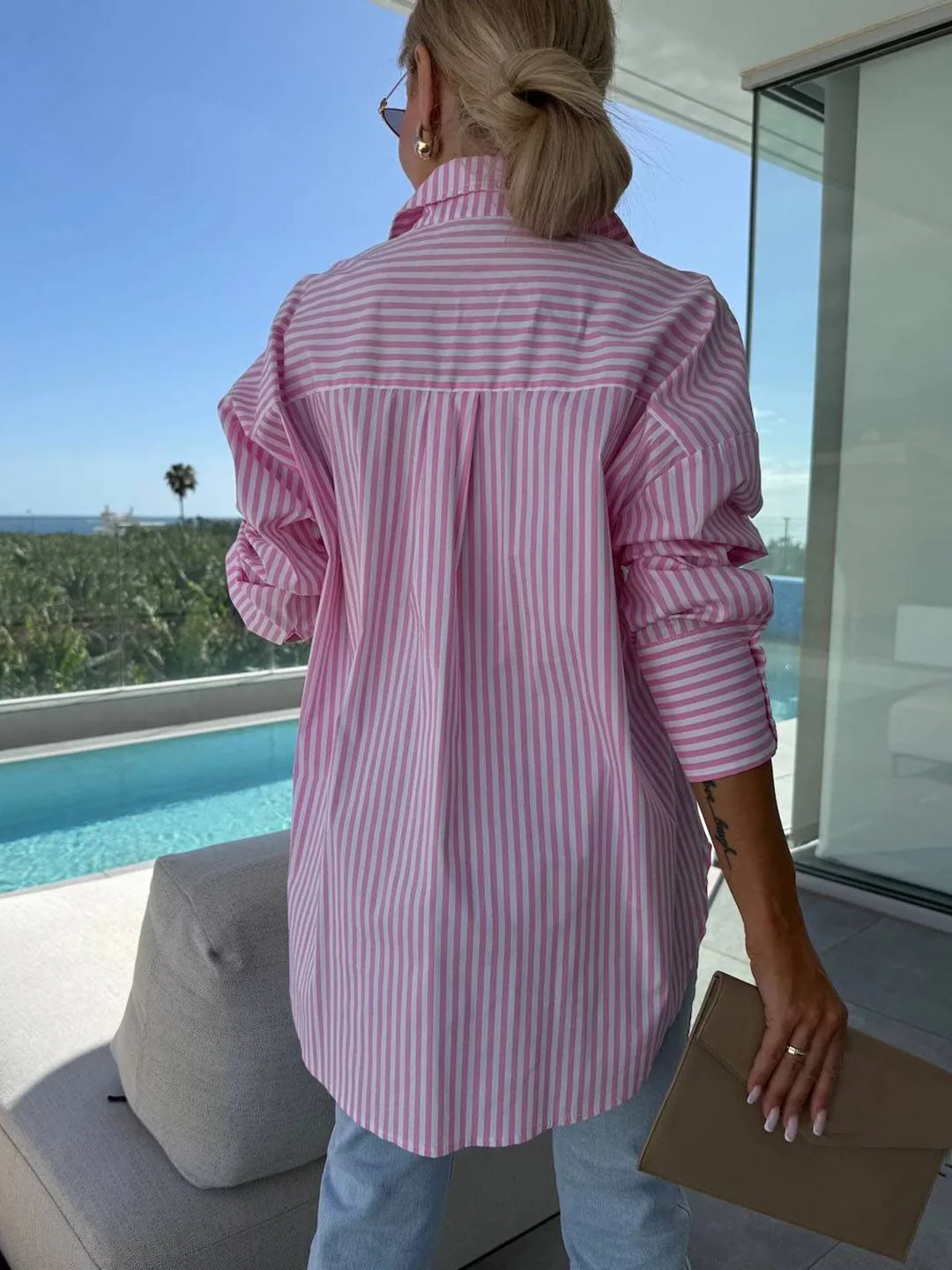Heidi-Mode | Gestreifte Bluse Button-Up Shirt Kragen Lange Ärmel Frauen Elegant Maßgeschneidert Freizeit Übergrößen - Image 8