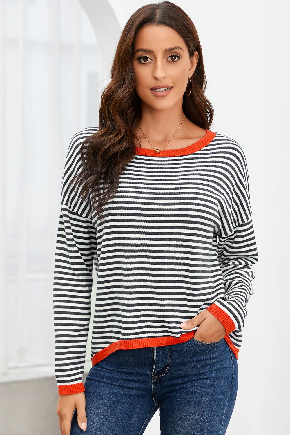 Heidi-Mode | Gestreiftes Rundhals-Tropfschulter-T-Shirt - Image 12