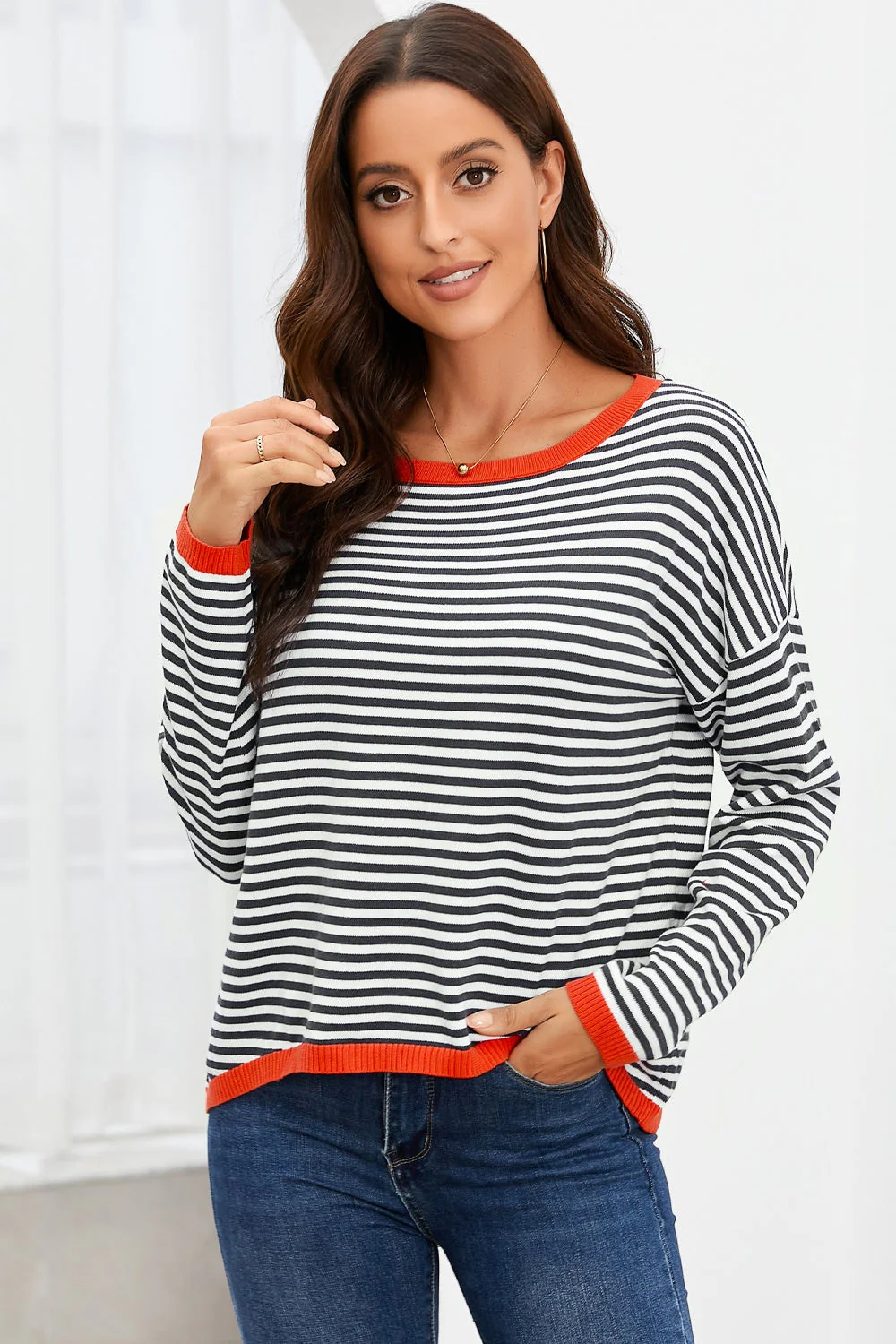 Heidi-Mode | Gestreiftes Rundhals-Tropfschulter-T-Shirt - Image 29