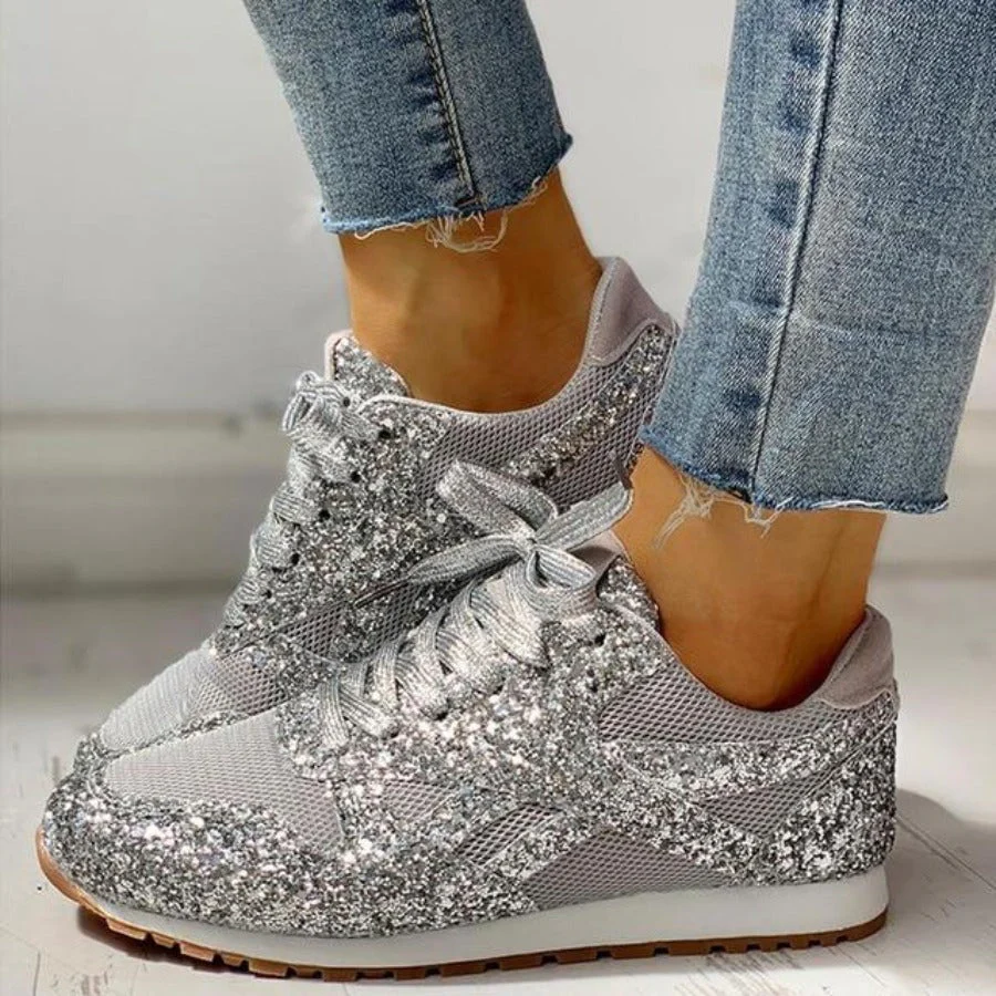Heidi-Mode | Glitzer Mesh Schnürung Plattform Komfort Vulkanisierte Sneakers - Image 11