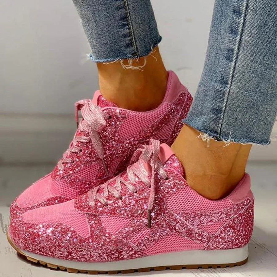Heidi-Mode | Glitzer Mesh Schnürung Plattform Komfort Vulkanisierte Sneakers - Image 4
