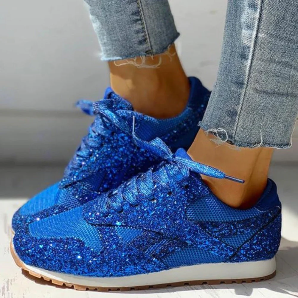 Heidi-Mode | Glitzer Mesh Schnürung Plattform Komfort Vulkanisierte Sneakers - Image 7