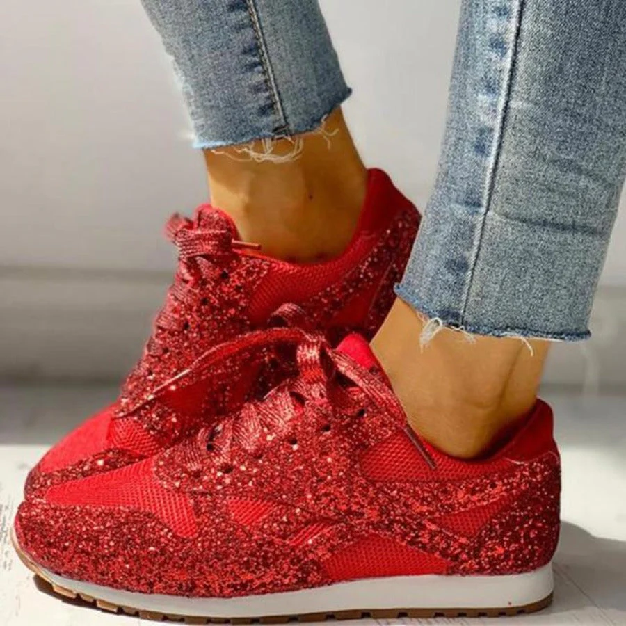 Heidi-Mode | Glitzer Mesh Schnürung Plattform Komfort Vulkanisierte Sneakers - Image 9