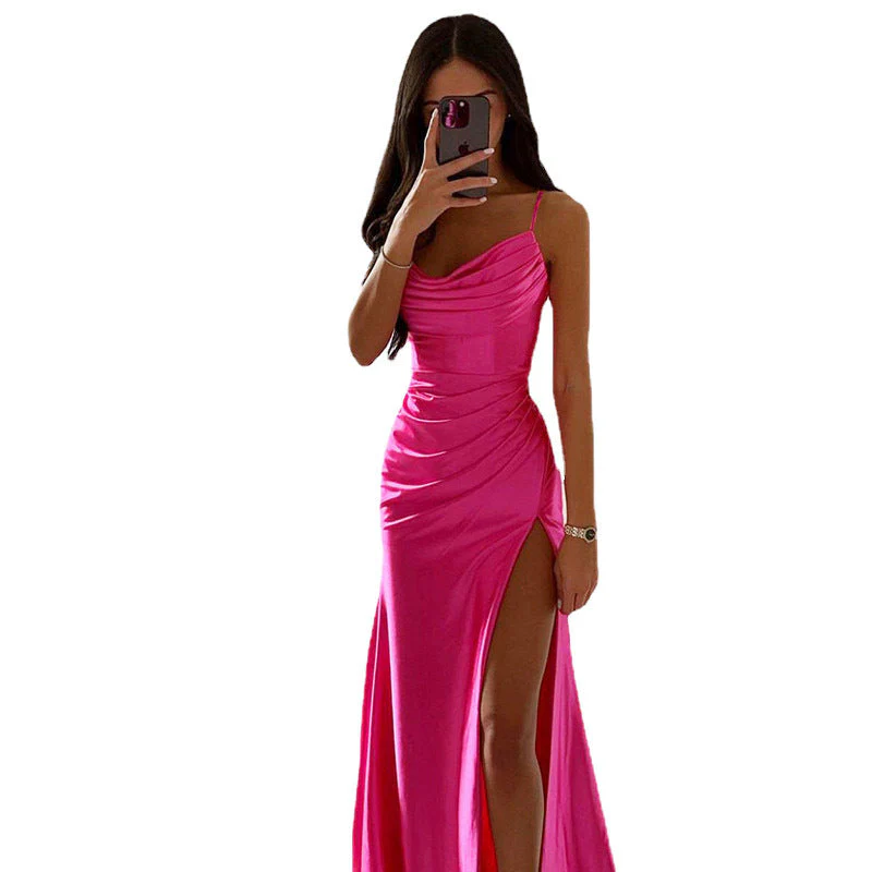 Heidi-Mode | Glänzendes Satin Falten Spalte Abend Maxi Kleid - Image 3