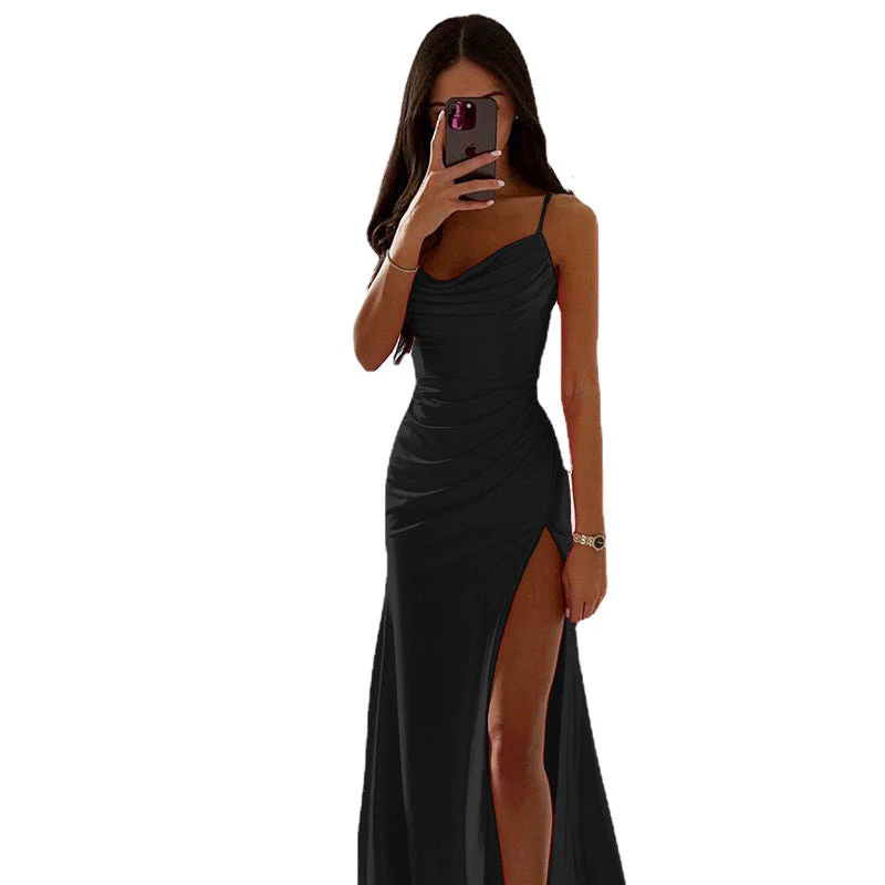 Heidi-Mode | Glänzendes Satin Falten Spalte Abend Maxi Kleid - Image 5