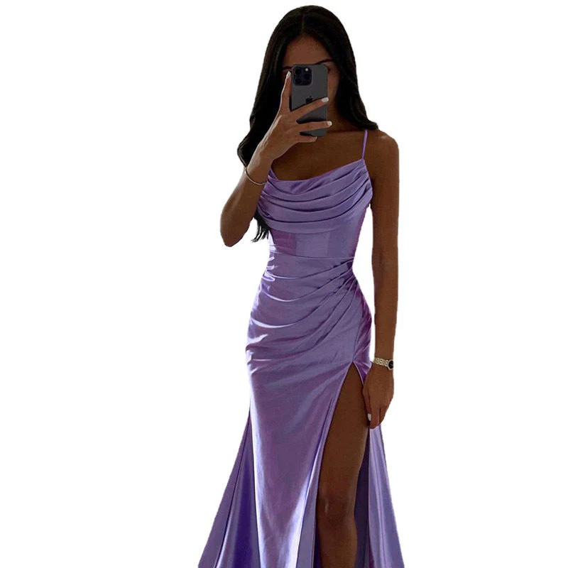 Heidi-Mode | Glänzendes Satin Falten Spalte Abend Maxi Kleid - Image 6