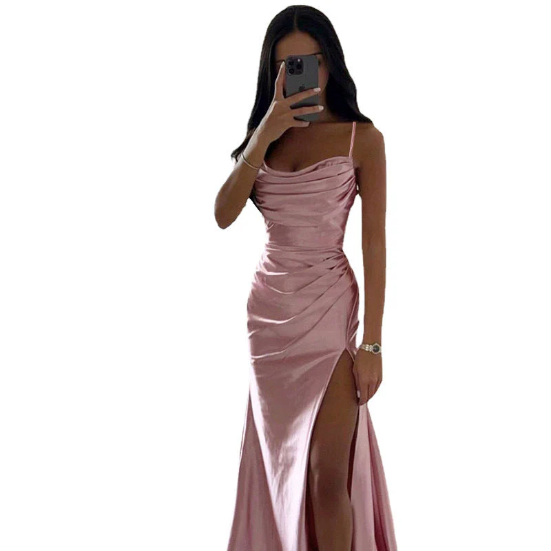 Heidi-Mode | Glänzendes Satin Falten Spalte Abend Maxi Kleid - Image 7