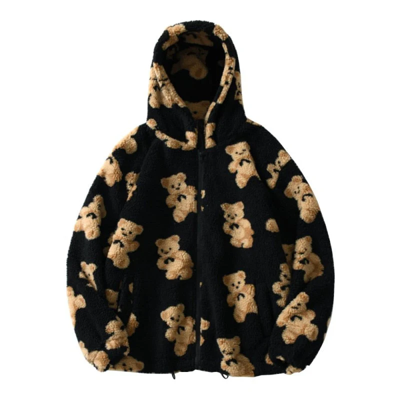 Heidi-Mode | Harajuku Bär Teddy Druck Plüsch Jacke Flauschige Kapuze Oberbekleidung - Image 2