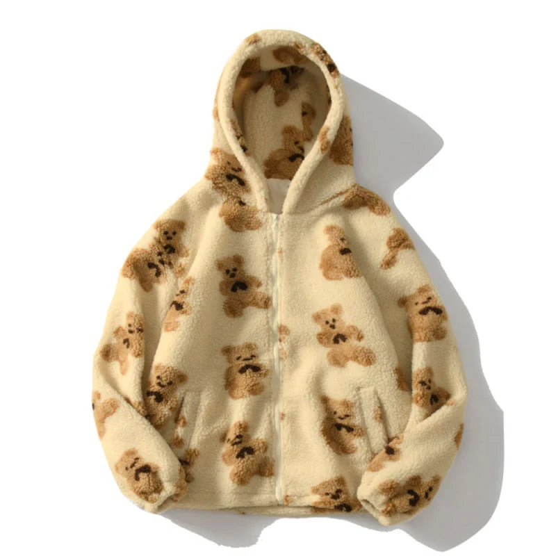 Heidi-Mode | Harajuku Bär Teddy Druck Plüsch Jacke Flauschige Kapuze Oberbekleidung - Image 4
