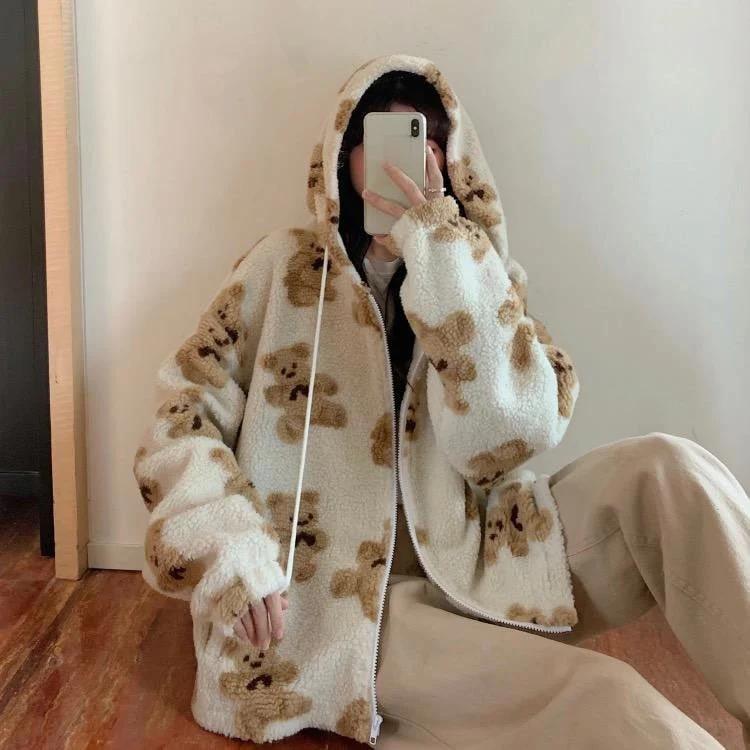 Heidi-Mode | Harajuku Bär Teddy Druck Plüsch Jacke Flauschige Kapuze Oberbekleidung - Image 5
