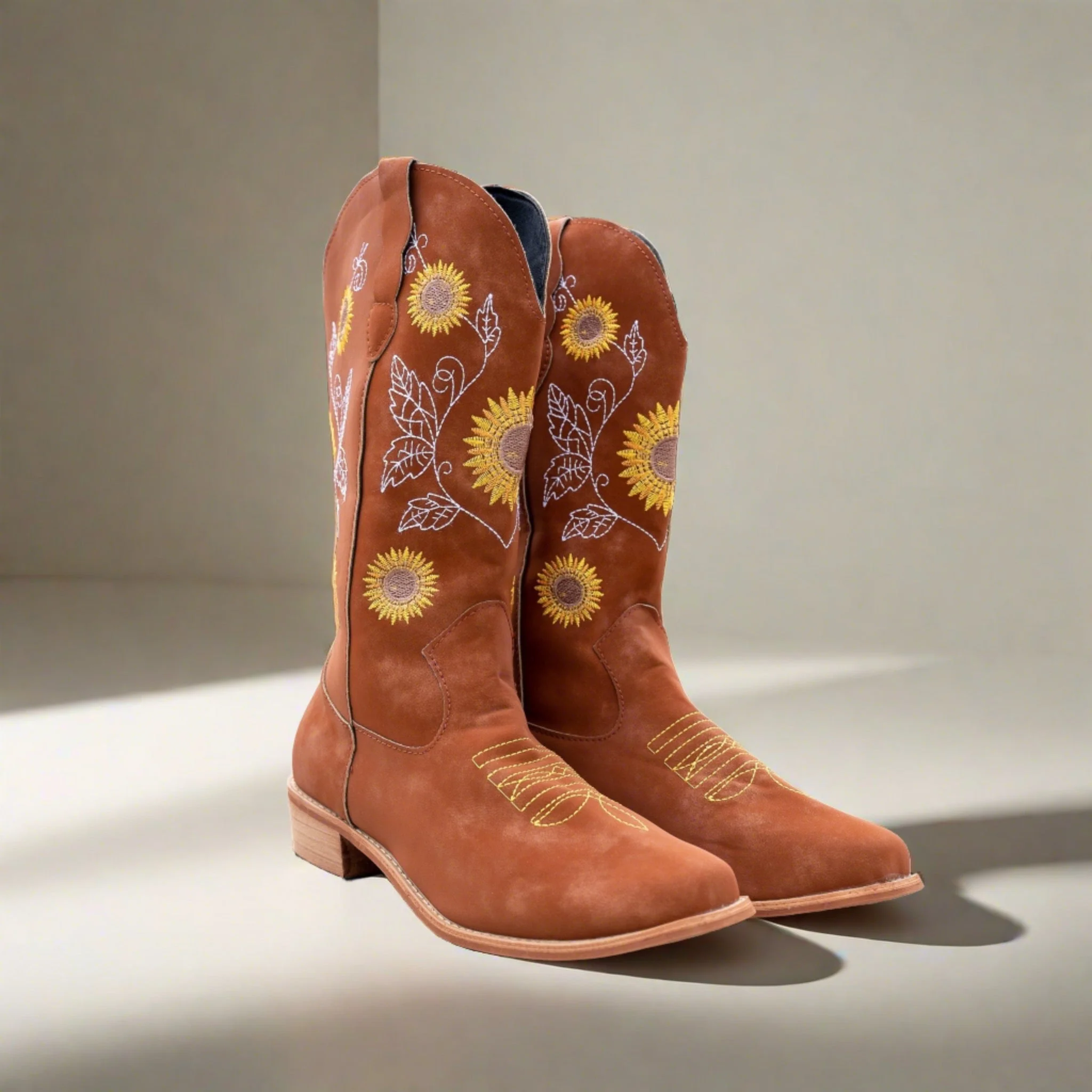 Heidi-Mode | Hohe Cowboystiefel mit Sonnenblumendruck - Image 2
