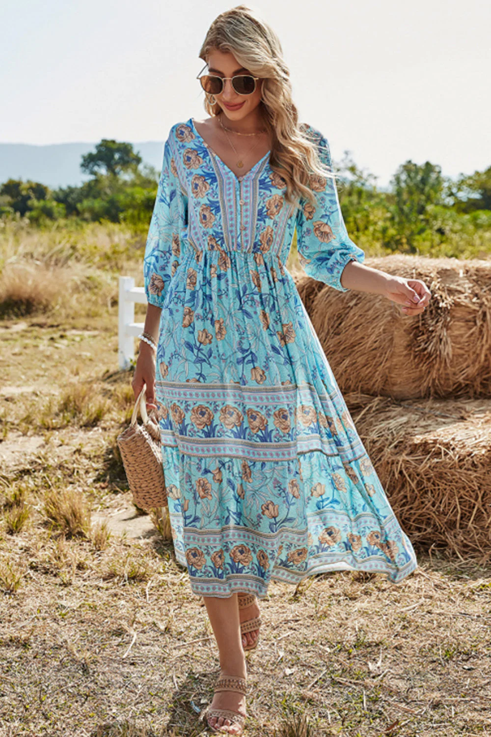 Heidi-Mode | Hohe Taille V-Ausschnitt Boho Strandkleid - Image 5