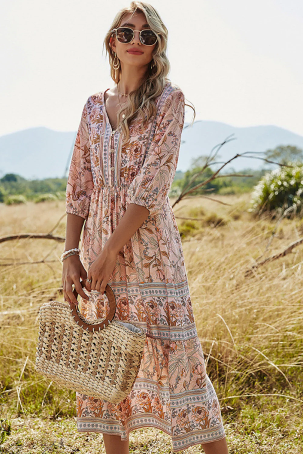 Heidi-Mode | Hohe Taille V-Ausschnitt Boho Strandkleid - Image 6