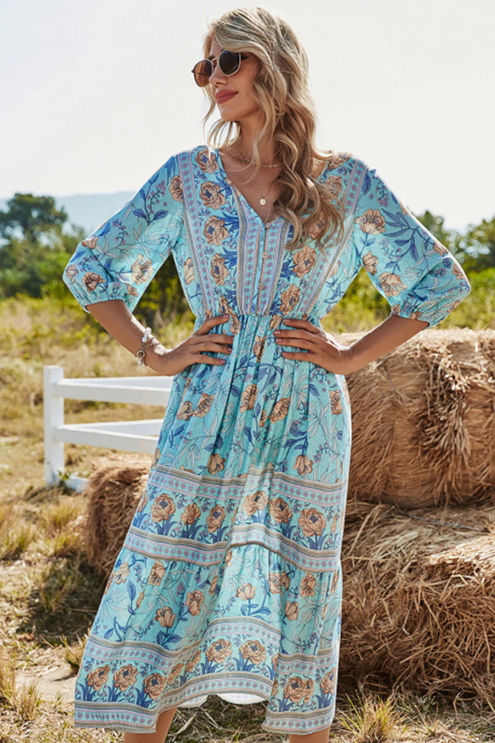 Heidi-Mode | Hohe Taille V-Ausschnitt Boho Strandkleid - Image 8