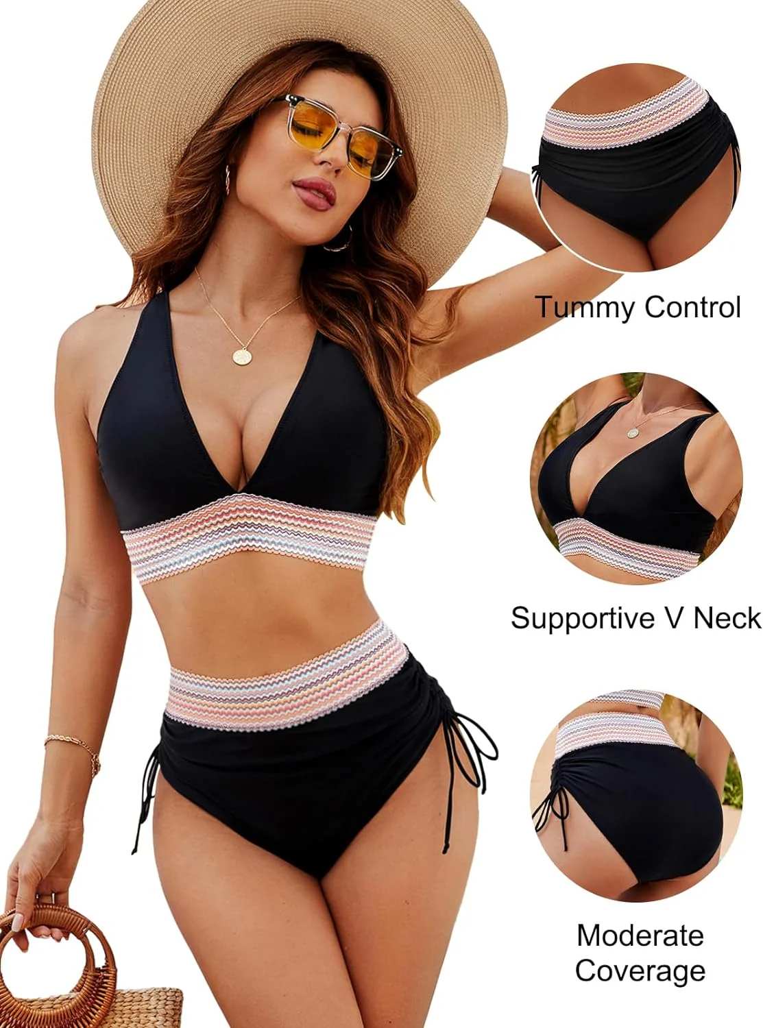 Heidi-Mode | Hoch Taillierte Bauchkontrolle Farbblock Bikini Sets - Image 2