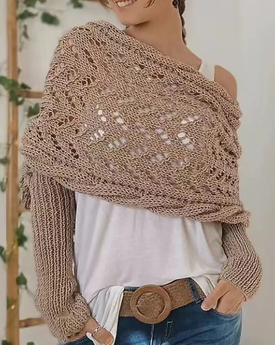 Heidi-Mode | Hohl Langarm Gestrickter Schal Pullover - Image 4