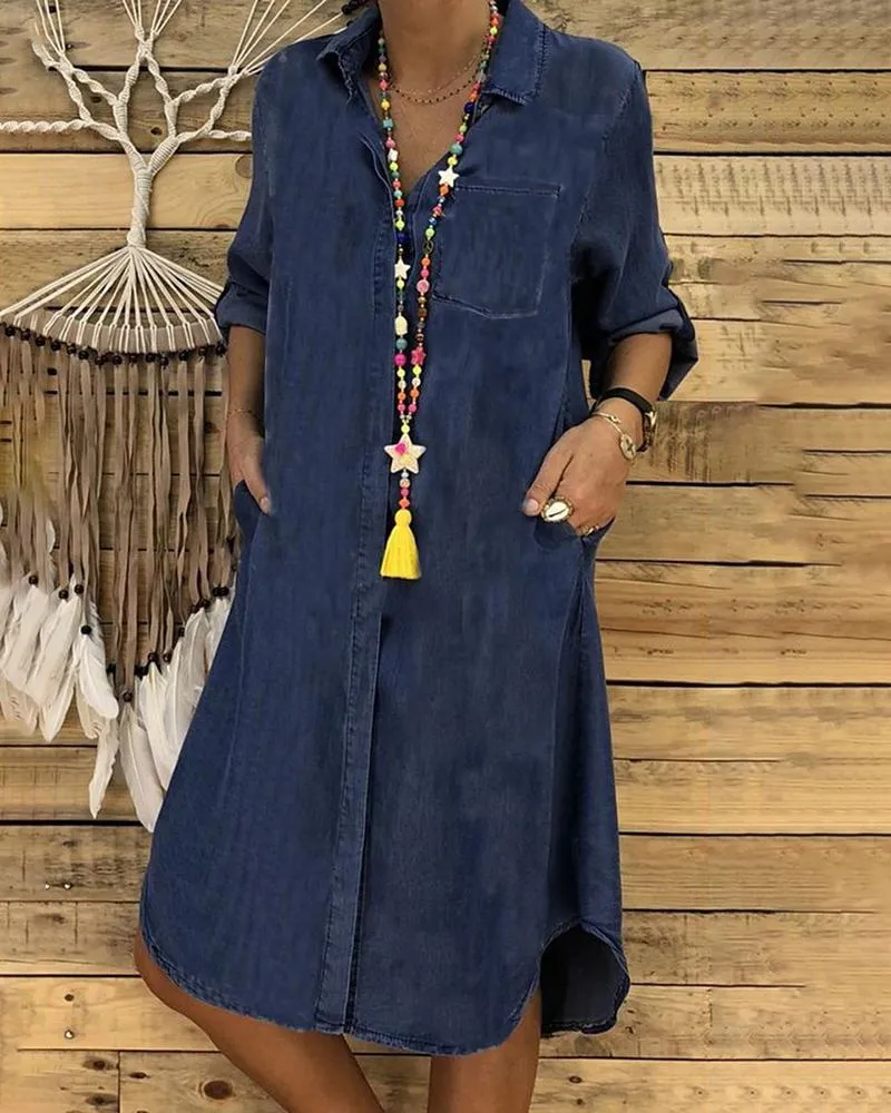 Heidi-Mode | Jeans Midi-Kleid mit Umgeschlagenen Ärmeln und Brusttasche. - Image 3