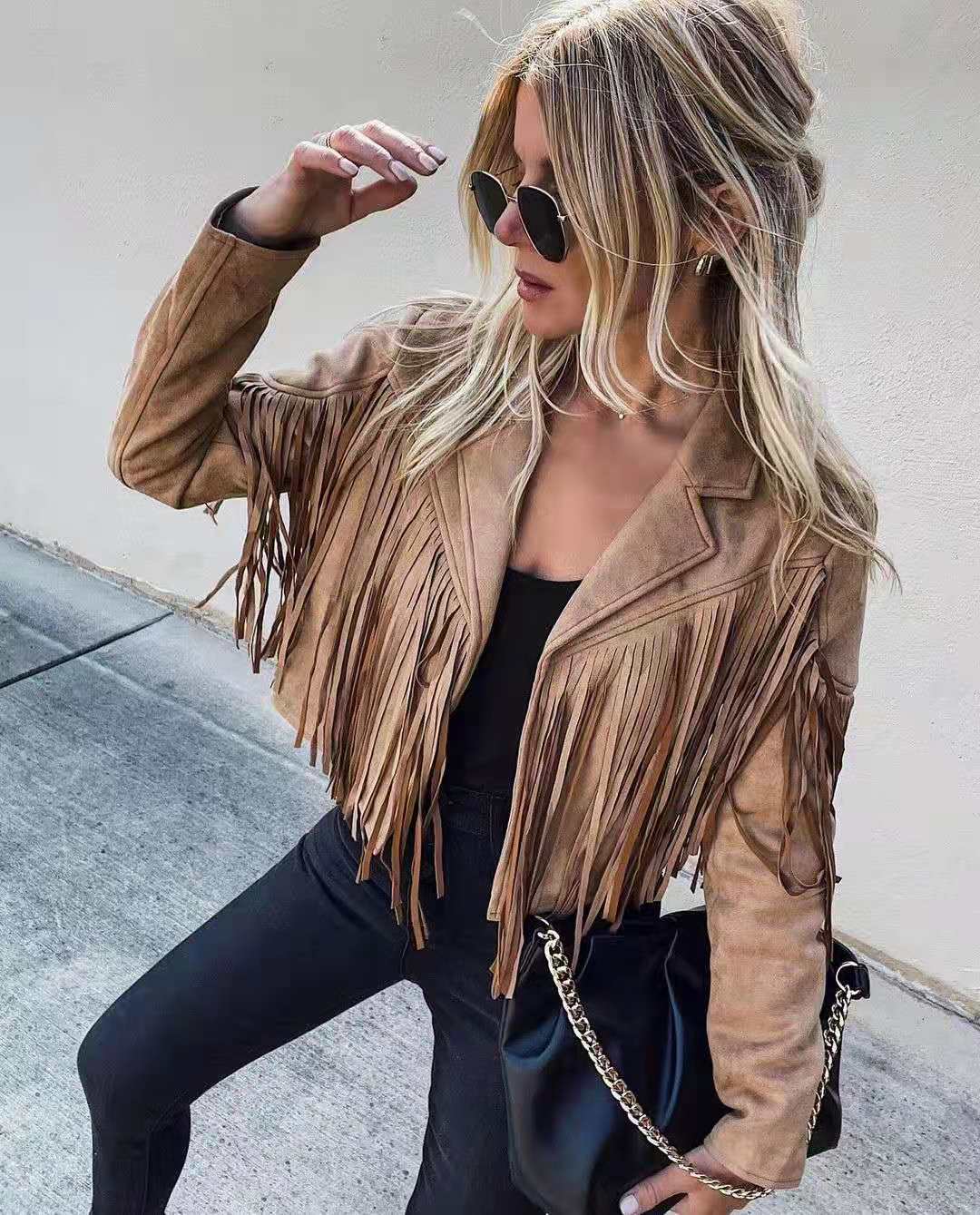 Heidi-Mode | Jugendlicher Wildleder-Jackentrend - Fransen-Cardigan mit Troddelsaum, E-Girl Bikerjacke, 90Er Vintage Streetwear, Cooles Design - Image 2