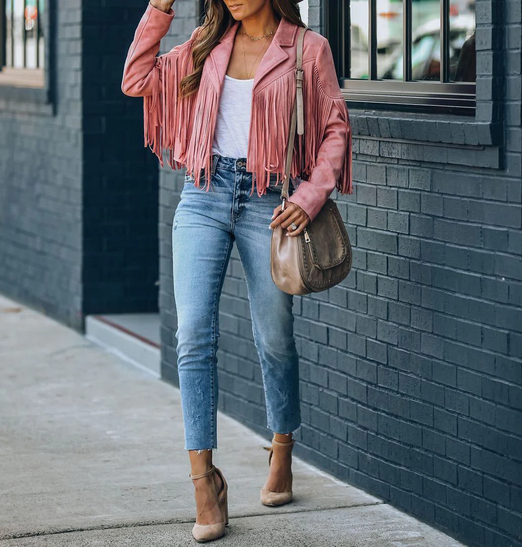 Heidi-Mode | Jugendlicher Wildleder-Jackentrend - Fransen-Cardigan mit Troddelsaum, E-Girl Bikerjacke, 90Er Vintage Streetwear, Cooles Design - Image 3