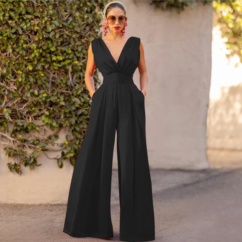 Heidi-Mode | Jumpsuit Hohe Taille Ärmellos Tiefer V-Ausschnitt Weite Beinform Elegante Passform - Image 2