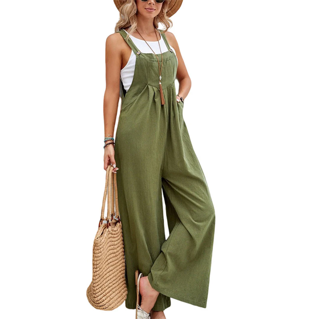 Heidi-Mode | Jumpsuit Leichtgewicht Leinen Baumwolle Ärmellos Weitbein Verstellbare Träger - Image 2