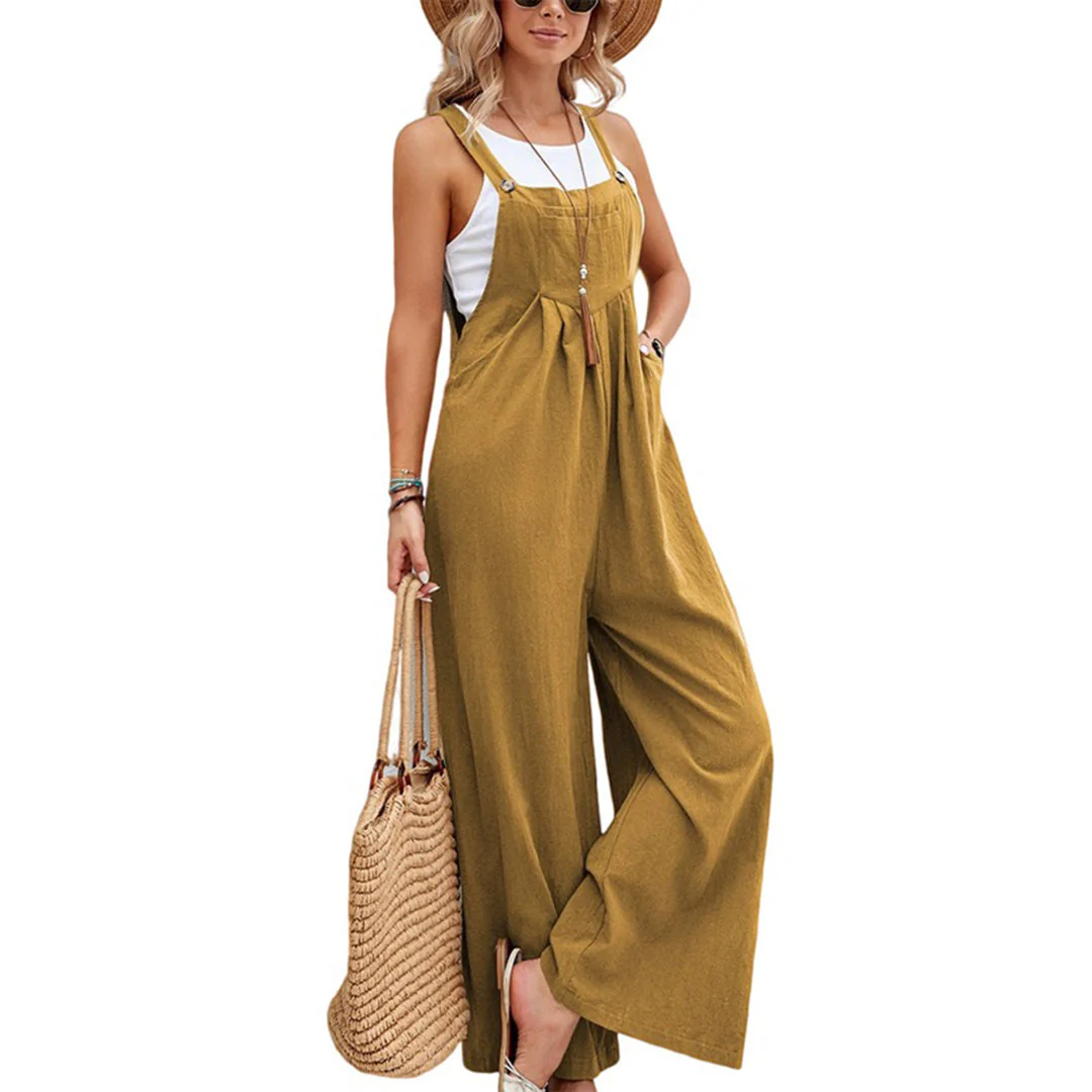 Heidi-Mode | Jumpsuit Leichtgewicht Leinen Baumwolle Ärmellos Weitbein Verstellbare Träger - Image 5