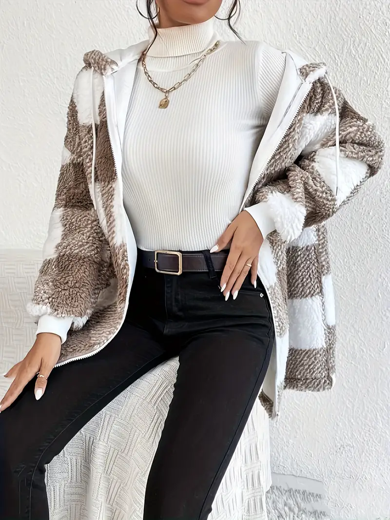 Heidi-Mode | Kariert Teddy Hoodie Jacke Warm und Bequem für Den Winter - Image 4