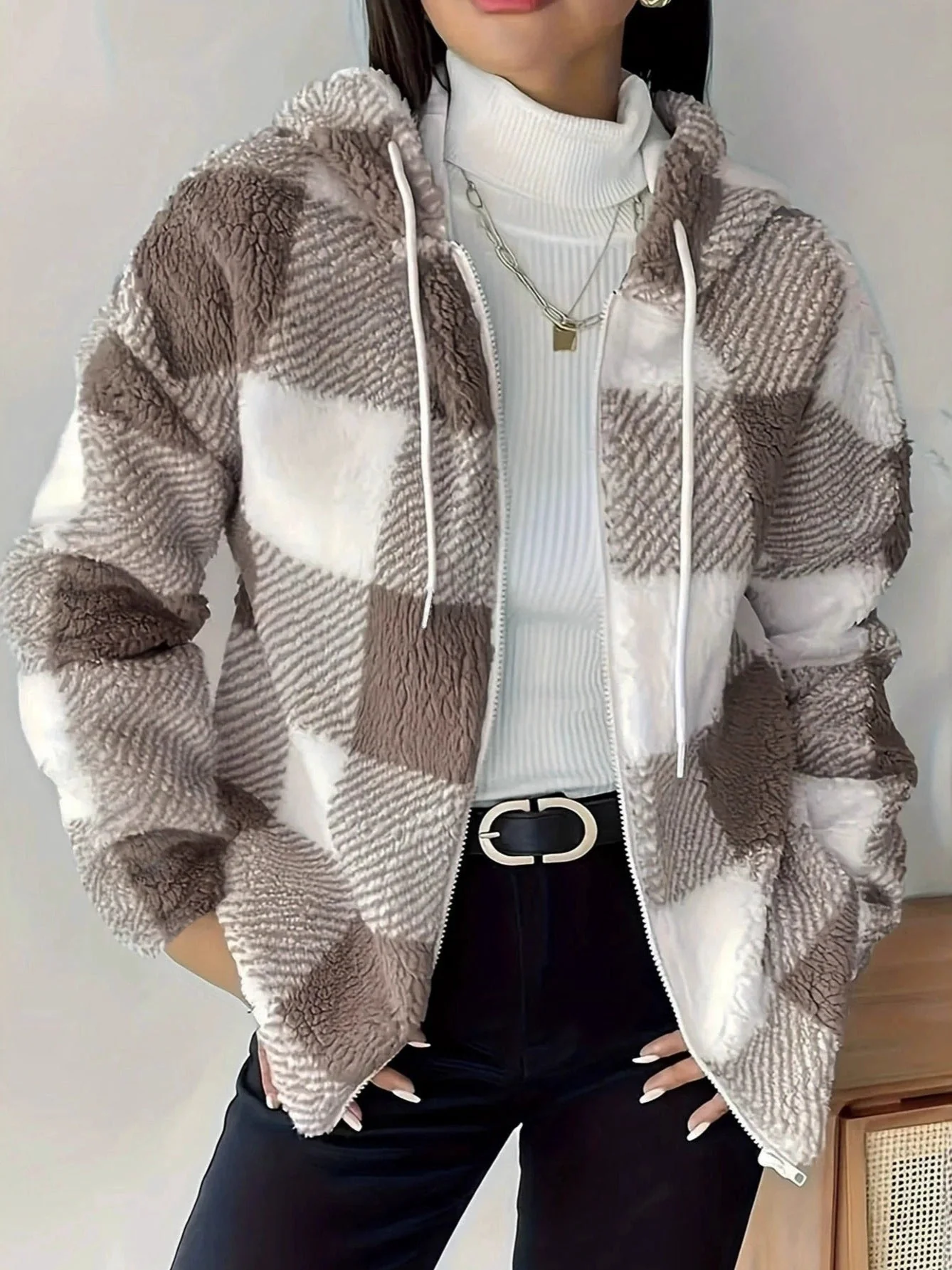 Heidi-Mode | Kariert Teddy Hoodie Jacke Warm und Bequem für Den Winter - Image 9