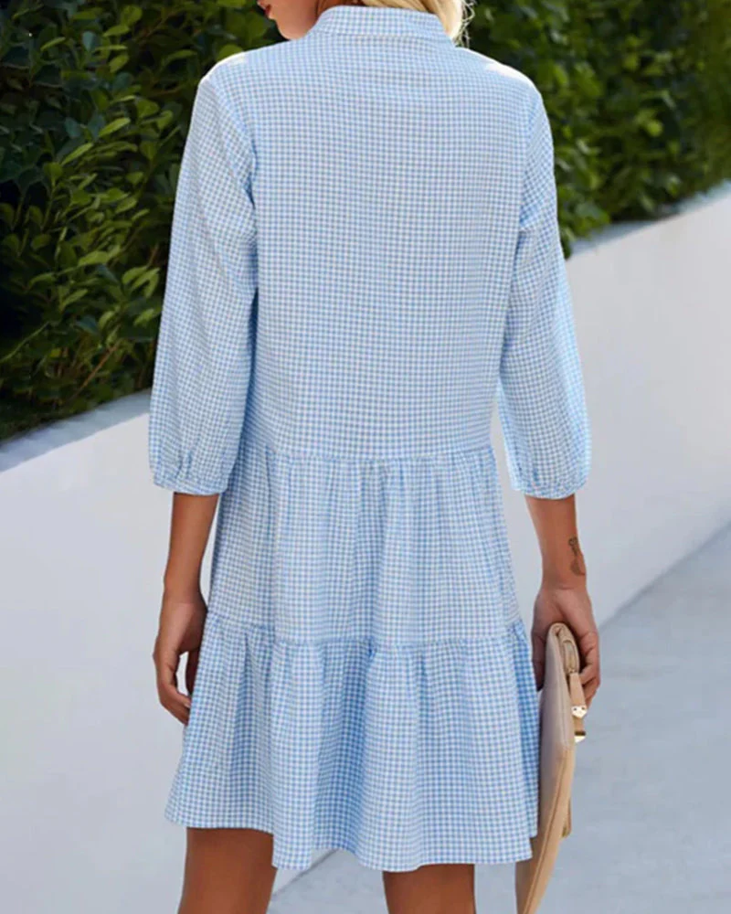 Heidi-Mode | Kariertes A-Linien-Kleid mit Knopfleiste für Damen Ähnelt Einem Hemdblusenkleid - Image 2
