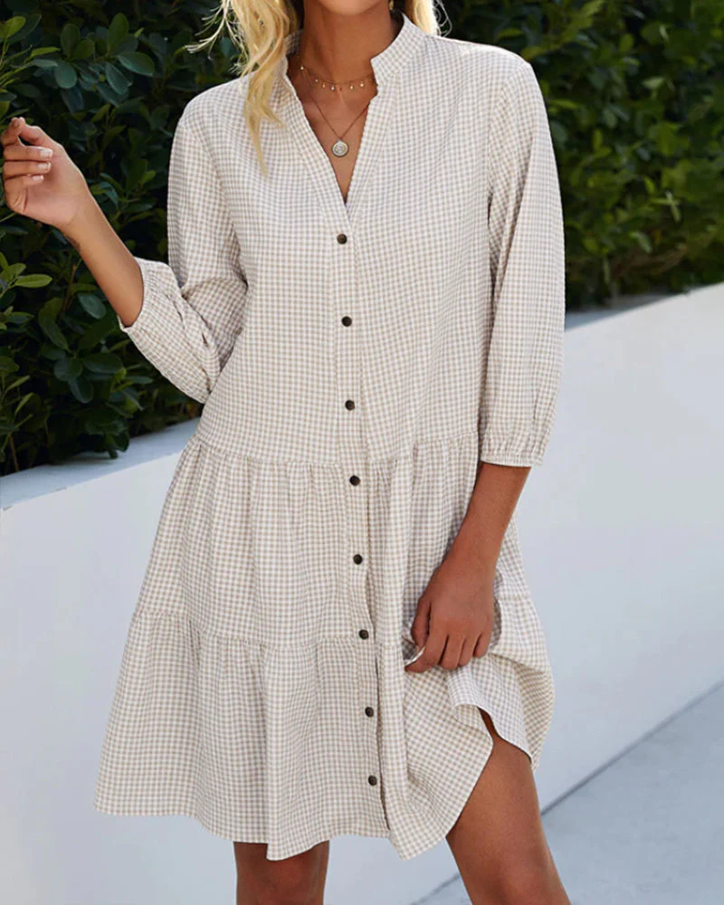 Heidi-Mode | Kariertes A-Linien-Kleid mit Knopfleiste für Damen Ähnelt Einem Hemdblusenkleid - Image 7