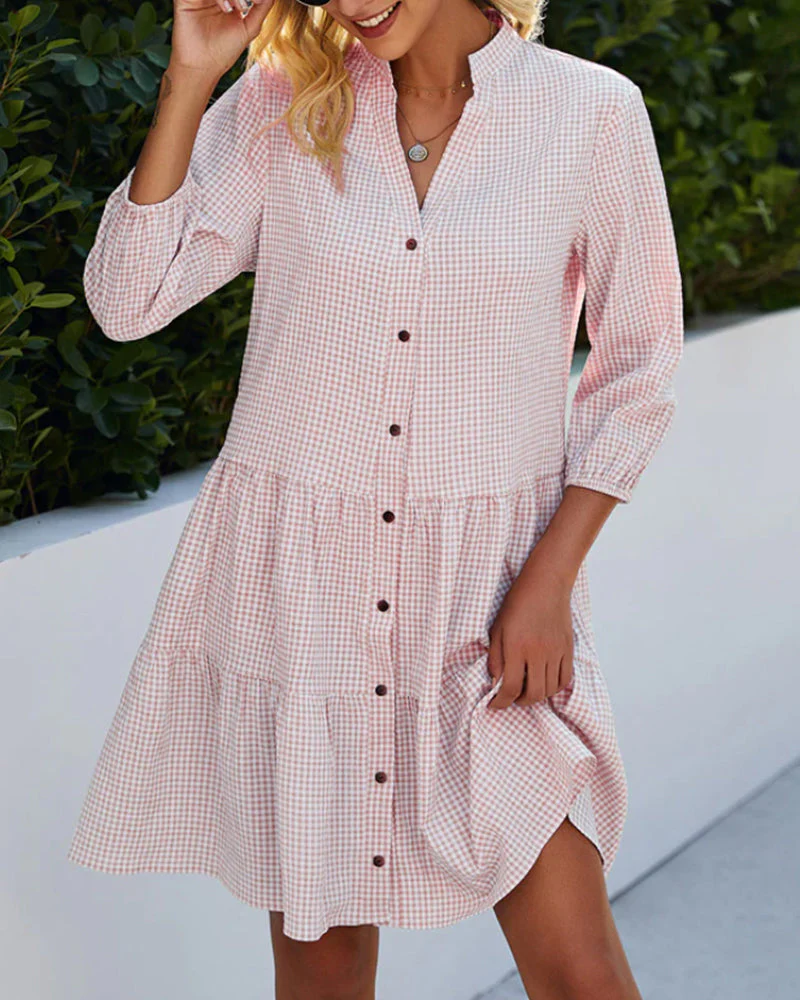 Heidi-Mode | Kariertes A-Linien-Kleid mit Knopfleiste für Damen Ähnelt Einem Hemdblusenkleid - Image 8