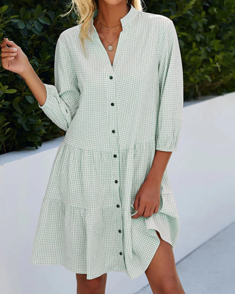Heidi-Mode | Kariertes A-Linien-Kleid mit Knopfleiste für Damen Ähnelt Einem Hemdblusenkleid - Image 9