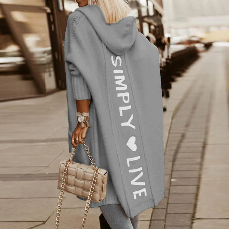 Heidi-Mode | Kuscheliger Kapuzen-Kuschelmantel Damen Strickjacke mit Buchstaben-Print