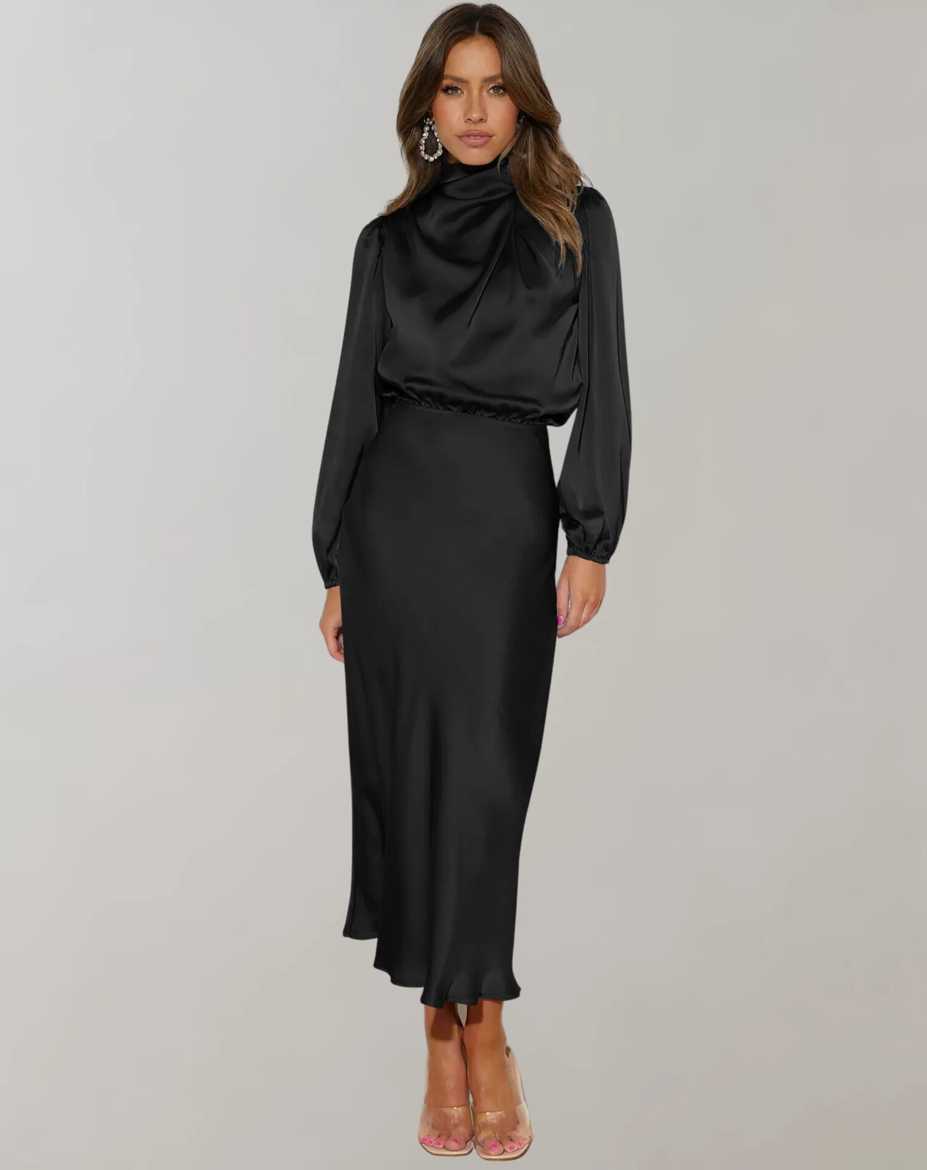Heidi-Mode | Klassisches Satin Kleid mit Hohem Kragen und Langen Ärmeln für Frauen - Image 2