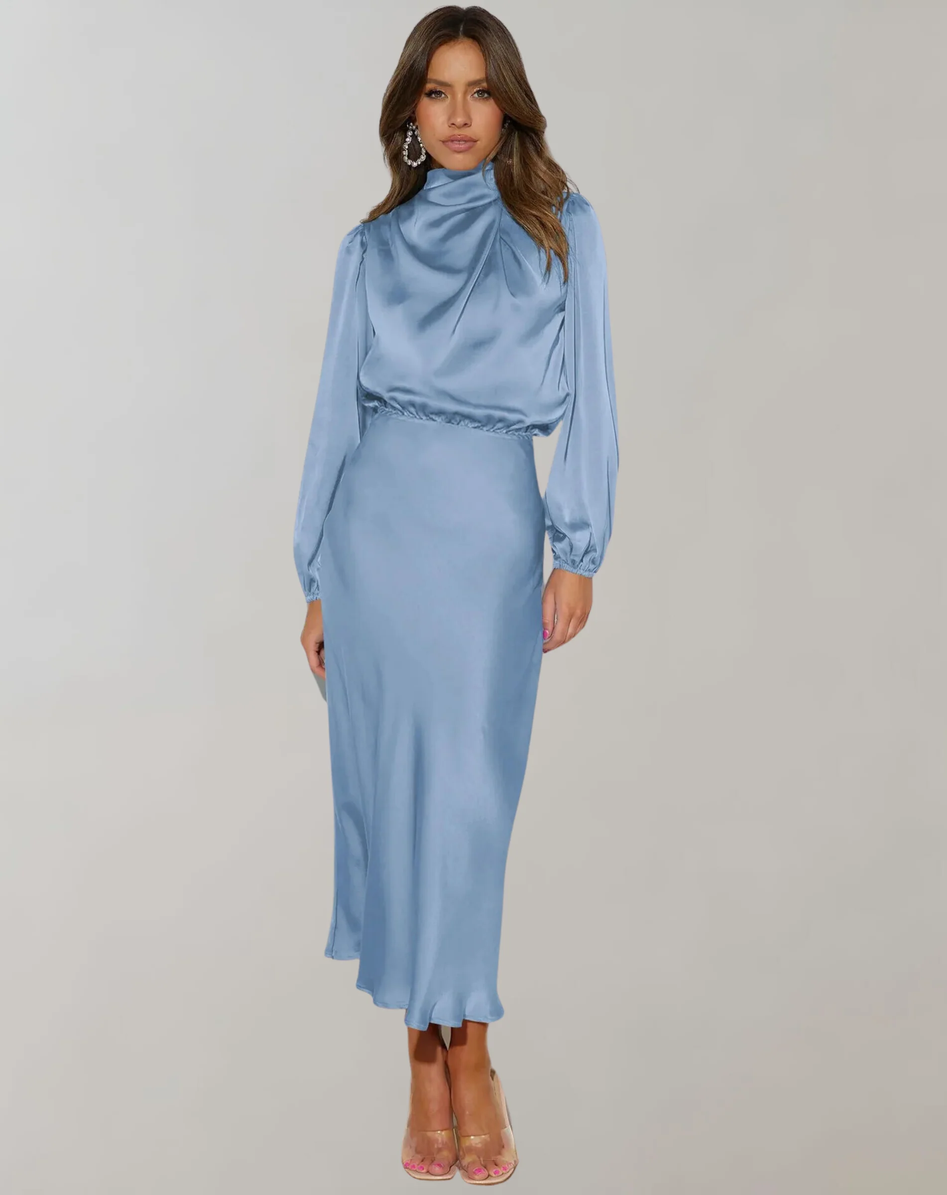 Heidi-Mode | Klassisches Satin Kleid mit Hohem Kragen und Langen Ärmeln für Frauen - Image 3