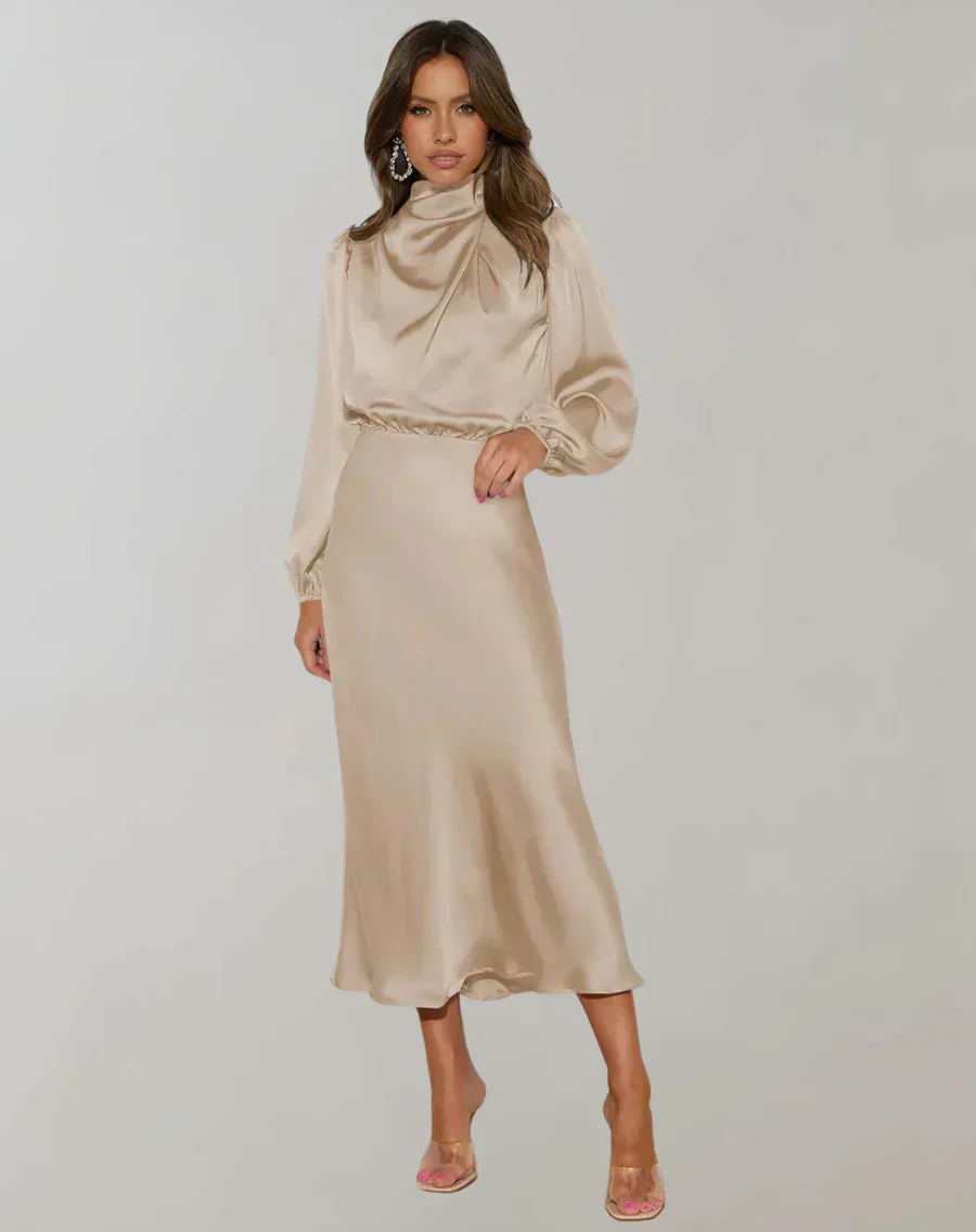 Heidi-Mode | Klassisches Satin Kleid mit Hohem Kragen und Langen Ärmeln für Frauen - Image 4