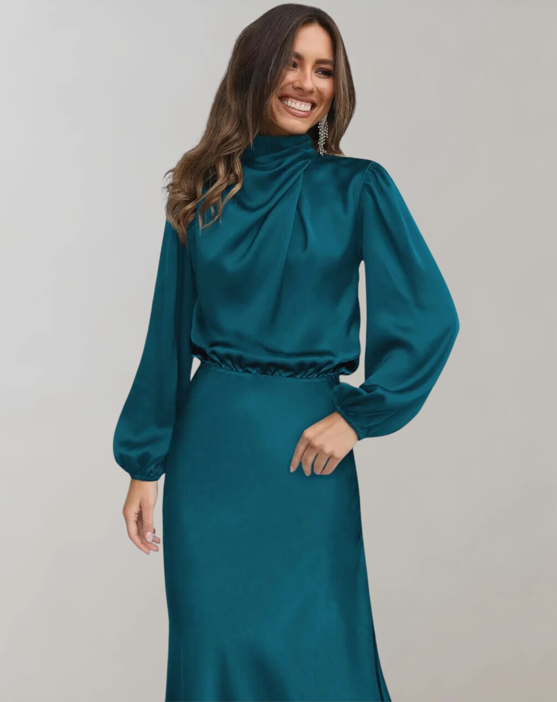 Heidi-Mode | Klassisches Satin Kleid mit Hohem Kragen und Langen Ärmeln für Frauen - Image 6