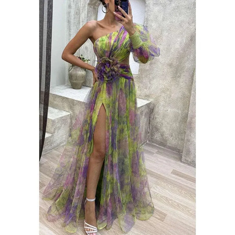 Heidi-Mode | Long Party Dress With Off-The-Shoulder, Split Print. - Image 2