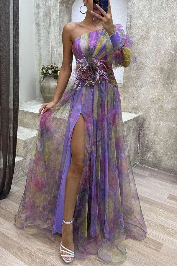 Heidi-Mode | Long Party Dress With Off-The-Shoulder, Split Print. - Image 4