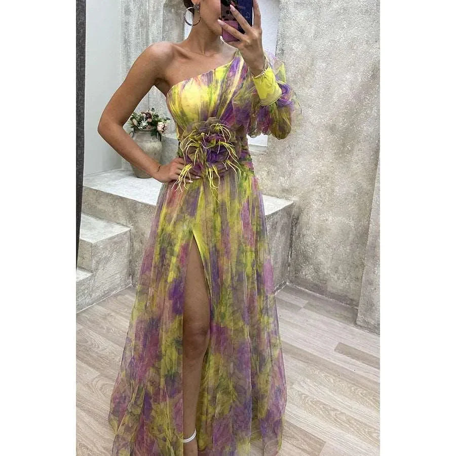 Heidi-Mode | Long Party Dress With Off-The-Shoulder, Split Print. - Image 6