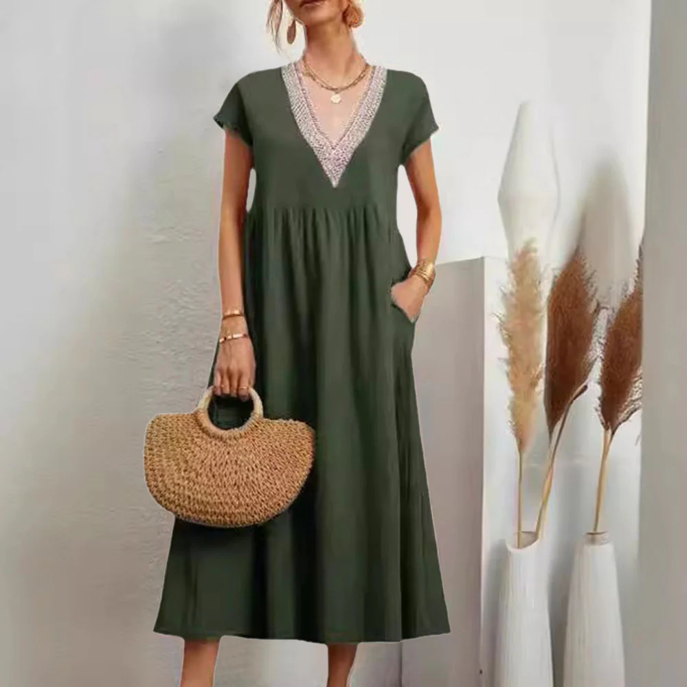 Heidi-Mode | Kleid mit V-Ausschnitt und Spitzensaum Aus Baumwolle und Leinen In Unifarbe - Image 10