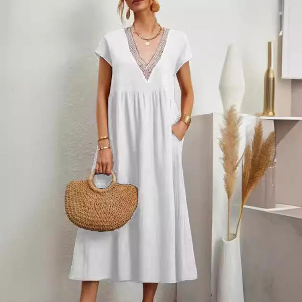 Heidi-Mode | Kleid mit V-Ausschnitt und Spitzensaum Aus Baumwolle und Leinen In Unifarbe - Image 11