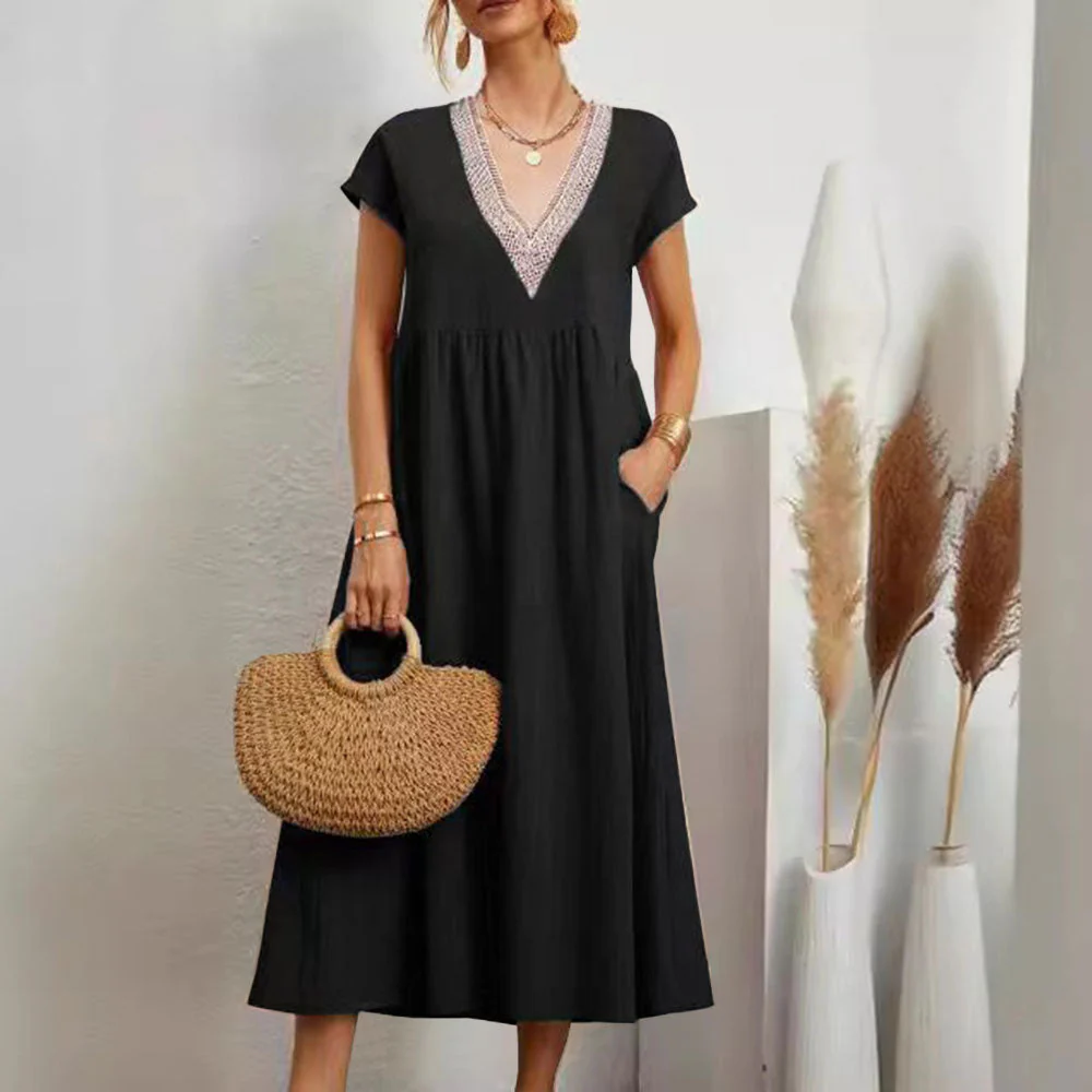 Heidi-Mode | Kleid mit V-Ausschnitt und Spitzensaum Aus Baumwolle und Leinen In Unifarbe - Image 12